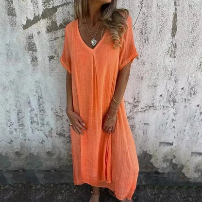 Women Dress Bohemian Style V Neck Midi Dress for Women Soft Breathable Summer Beach Dress with Short Sleeves Loose Fit Solid