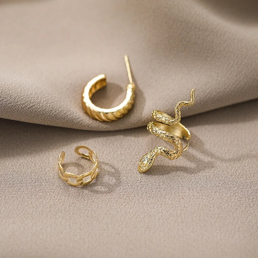 New Personality Gold Color Clip Earrings Fake Piercing Jewelry Set Fashion Lines Snake C-shape Ear Cuffs for Women Party Gift