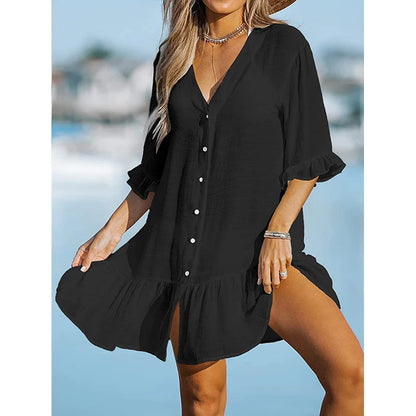 Ruffled Solid Cover Up Women Dress Solid Color Lightweight Long Sleeve Bikini Shirt Dress Summer Breathable Mini Dress Beachwear