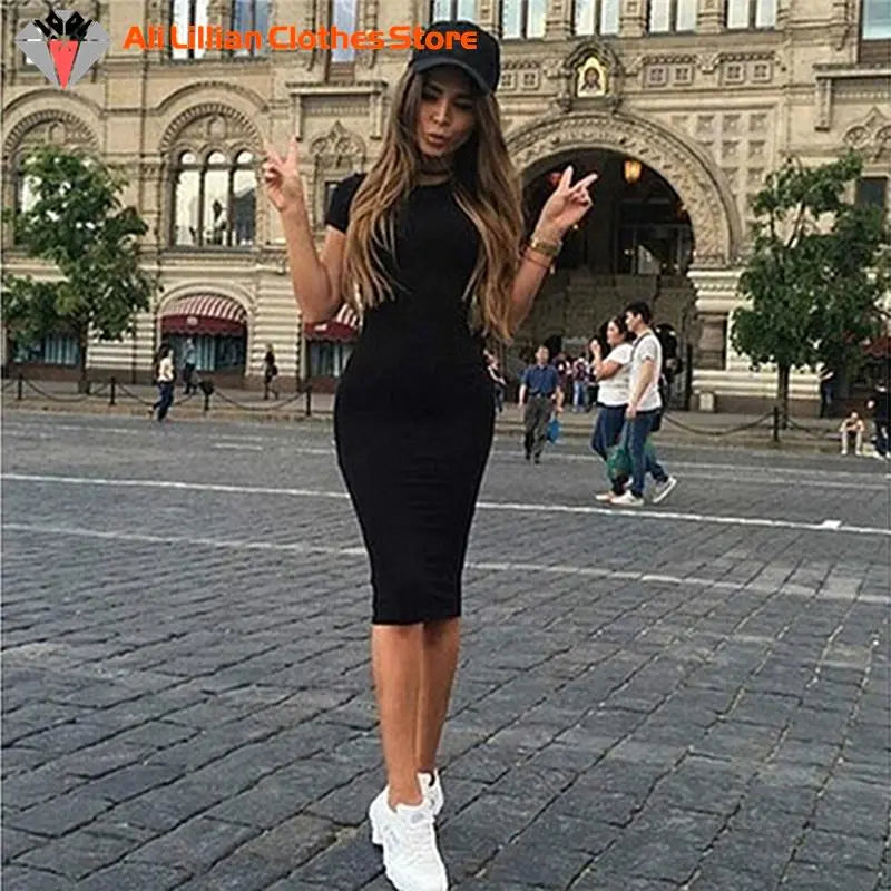 Summer Dresses Women Knee-Length Skinny Office Dress Short Sleeve Bandage Bodycon Beach Dress Vestidos Robes