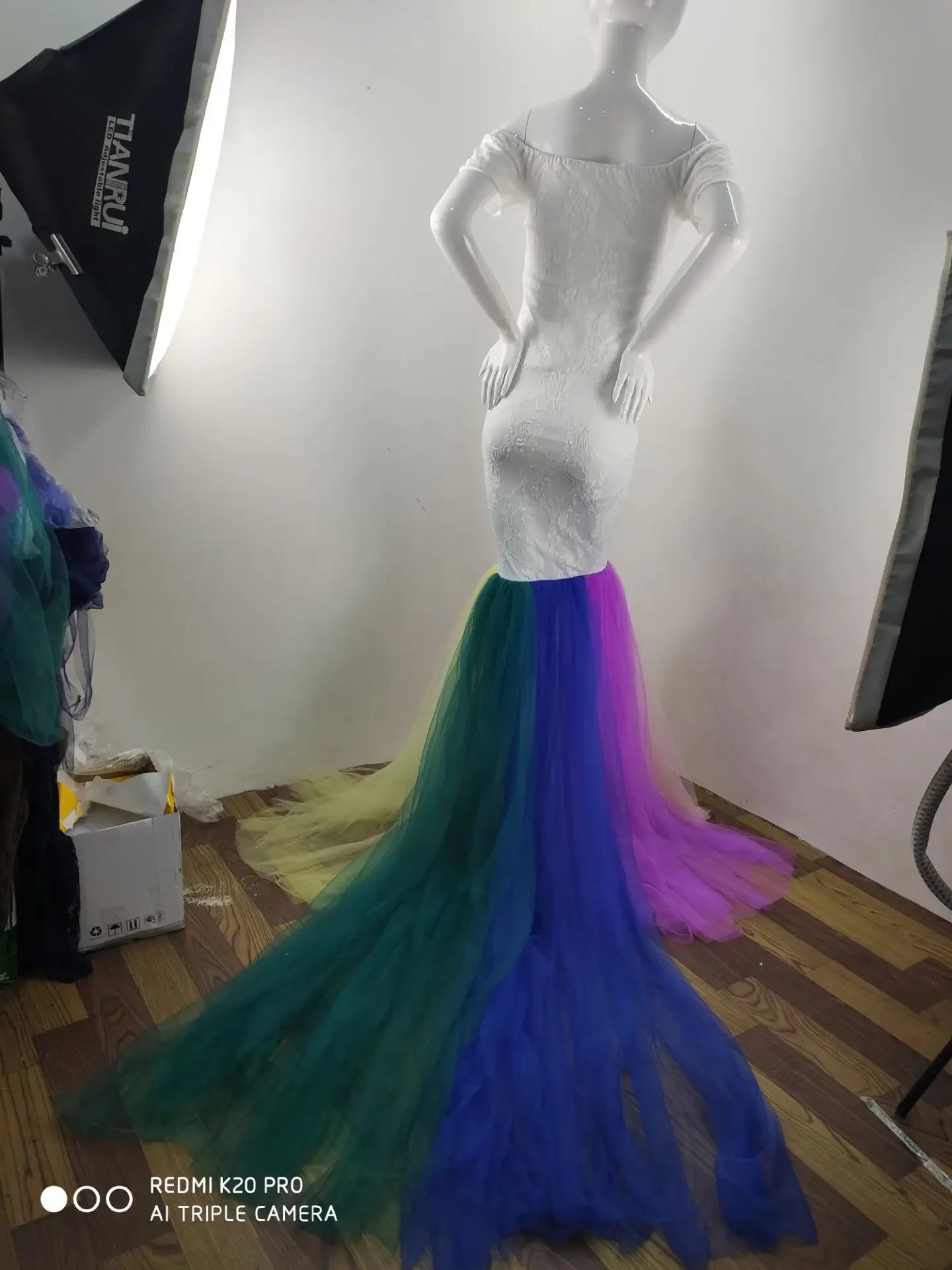 Rainbow Tulle Maternity Dress for Photoshoot Baby Shower Wedding Off-Shoulder Sweetheart Lace Mermaid Photography Gown w/ Train