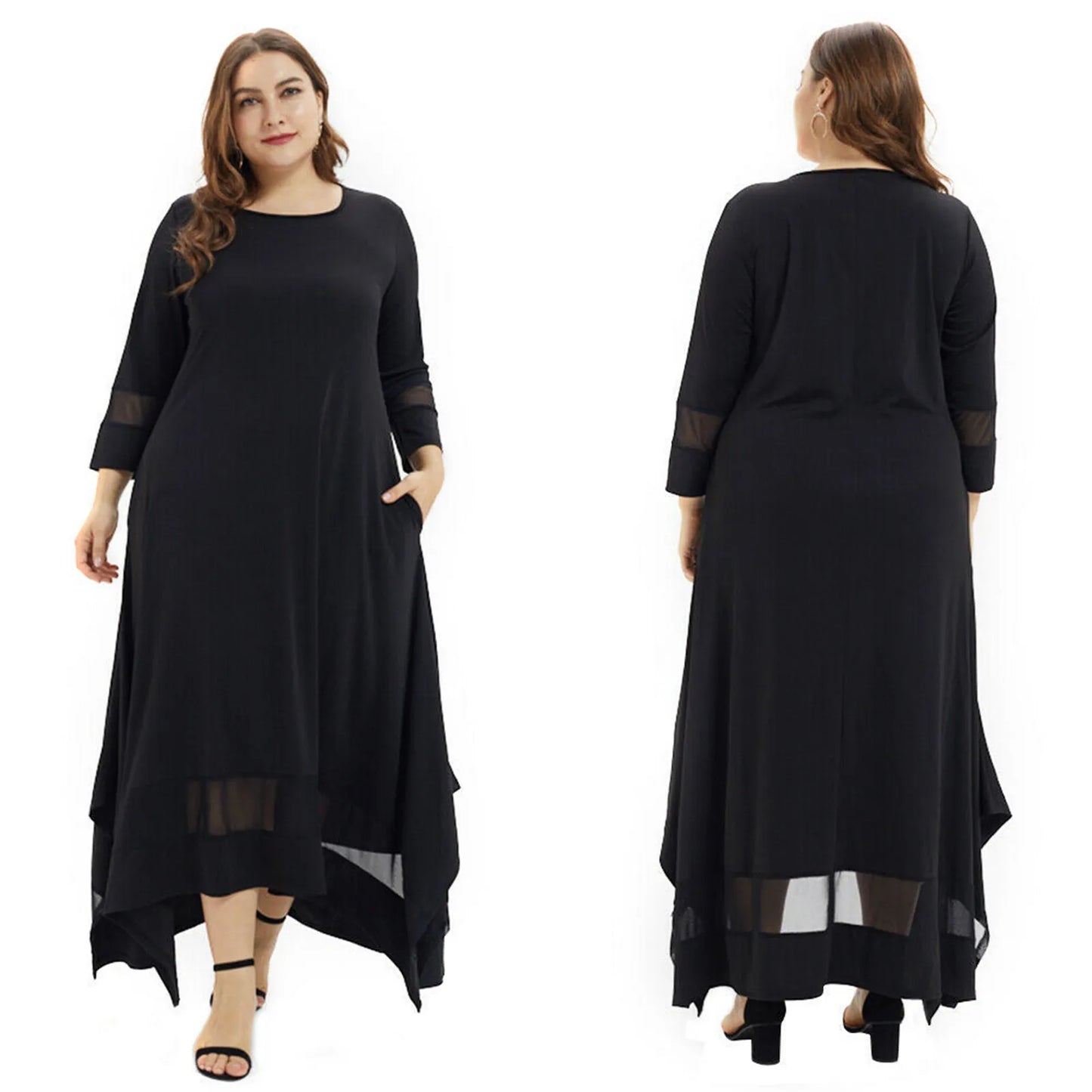 Abito maxi moda donna tinta unita taglie forti O scollo prospettiva manica lunga allentato nero