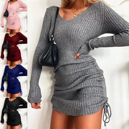 Women Autumn Winter Solid Knitted Mini Dress V Neck Long Sleeve Casual Fall Grey Drawstring Slim Bodycon Party Dresses Female