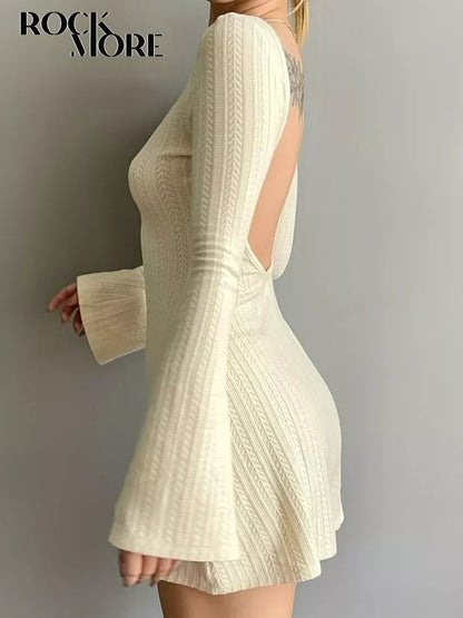 Rockmore Solid High Quality Knitted Backless Dresses for Women Autumn Winter 2023 Elegant Long Sleeve Bodycon Mini Dress Casual