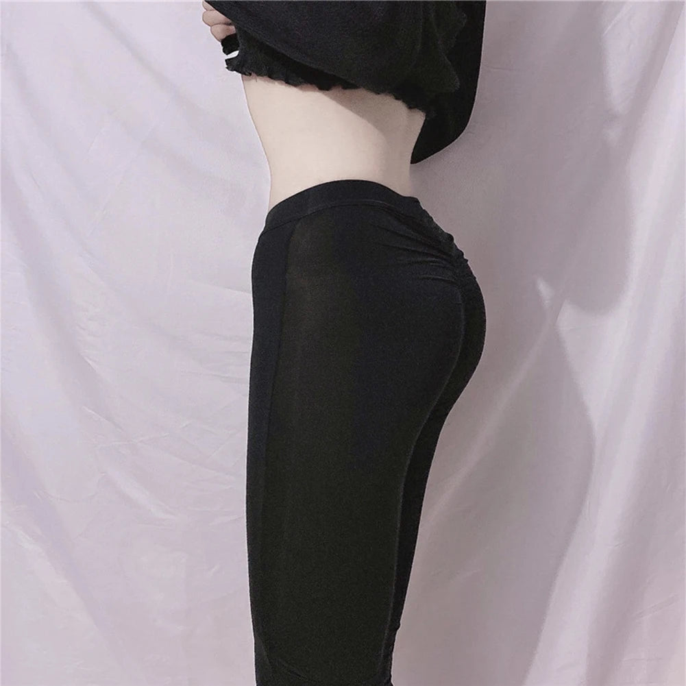 Womens Ice Silk Sexy Pleated See Through Leggings High Elastic Sheer Thin Skinny Yoga Pants Trousers Female Yoga Pants Leggings