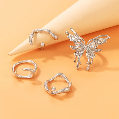 Punk Silver Color Liquid Butterfly Rings Set For Women Fashion Irregular Wave Metal Knuckle Rings Aesthetic Egirl Gothic Jewelry