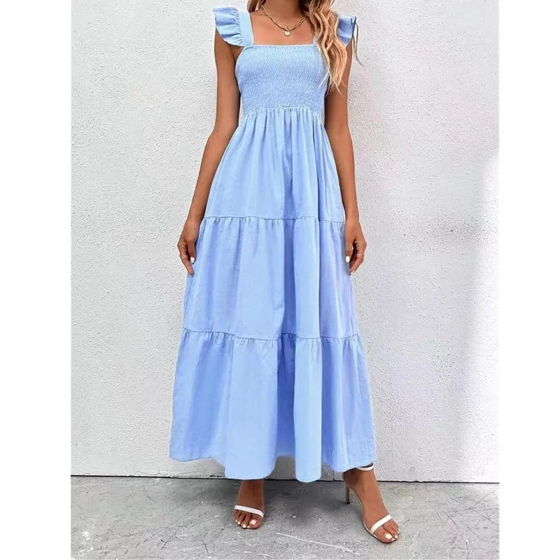 Bikoles 2023 Summer Square Collar Ruffles Sleeve Women's Casual Elegant Solid Patchwork Pleated Empire Lady Party Dress Vestidos