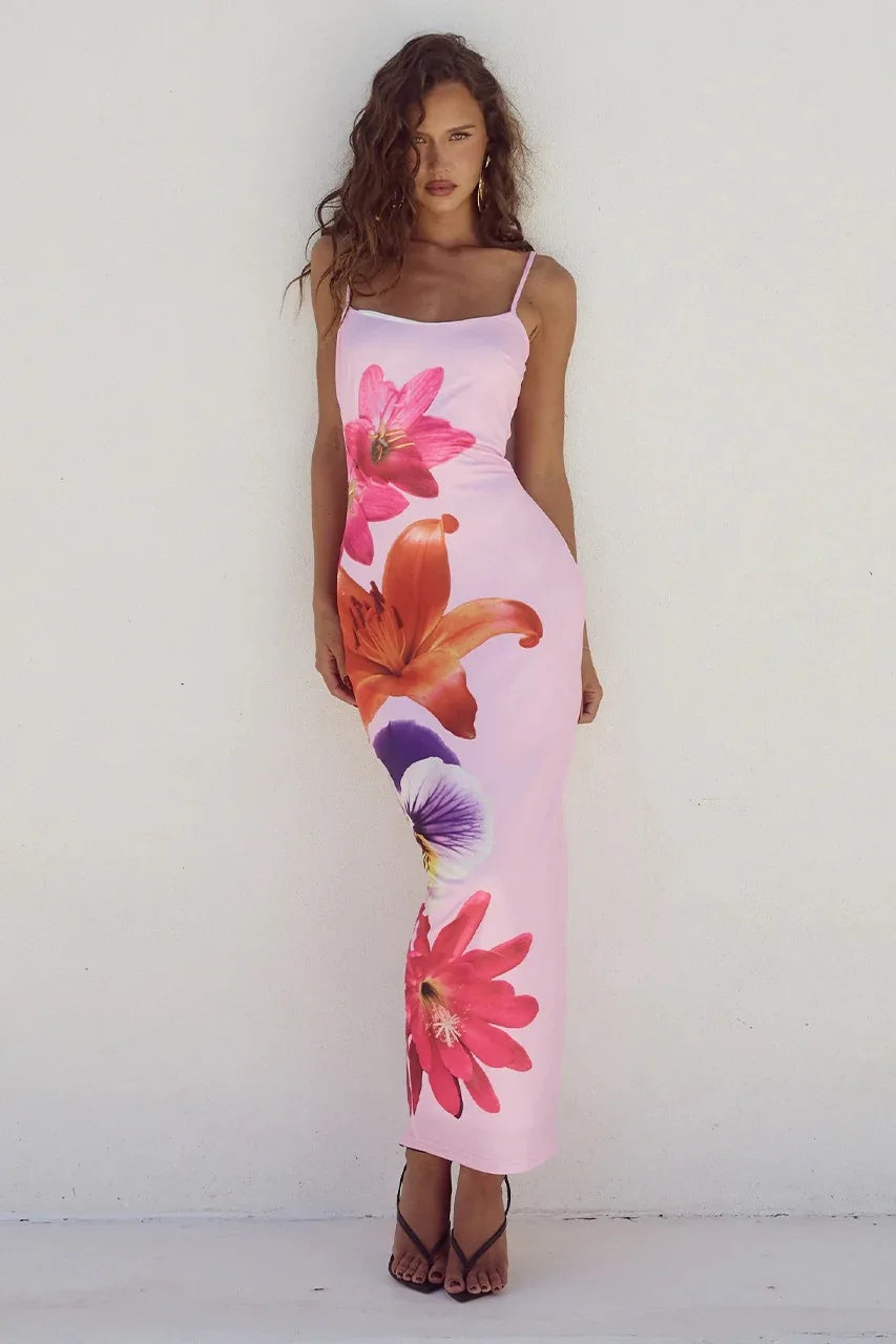 Flower Print Slim Spaghetti Strap Dresses Women Sexy Package Hip Bodycon Trendy Ladies Party Club Long Dress Fashion Streetwear