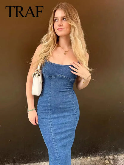 TRAF 2023 Summer Retro Women's Denim Dress Fashion Corset Sleeveless Back Zipper Slim Women's Slit Midi Dresses Mujer Vestido