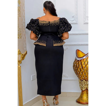 Plus Size Formal Dress Black Puff Sleeve Split Midi Dress