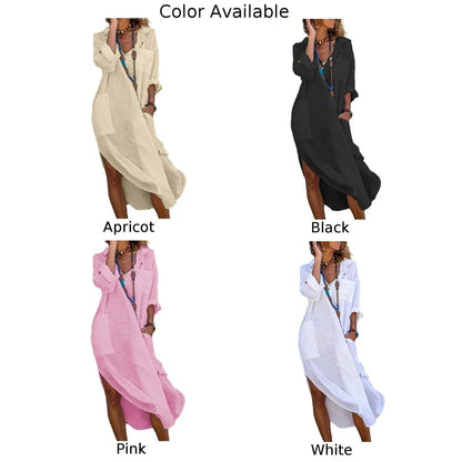 Casual Cotton Linen Loose Shirt Dress Women Summer Fashion Streetwear Split Button Long Dress White Black Beach Holiday Vestidos