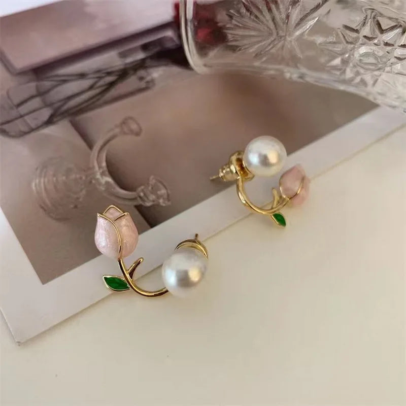 Sweet Fashion Enamel Pearl Tulip Flower Stud Earrings For Women Korean Temperament Zircon Back Hanging Earring Wedding Jewelry