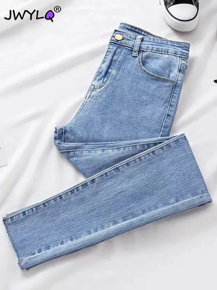 Solid Color Basic High Waist Skinny Pencil Denim Pants Korean Fashion Streetwear Slim Stretch Jeans Woman New Ankle-length Jeans