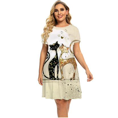 6XL Women Funny Cats Dress Fashion Short Sleeve Kawaii Dresses Lady 2022 Summer Clothing Casual O-Neck Loose Dress Plus Size 5XL