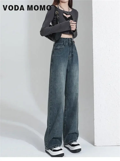 Korean Summer High Waisted Jeans Women Trend Button New Wide Leg Pants Harajuku Vintage Streetwear Straight Y2k Pants Esthetics