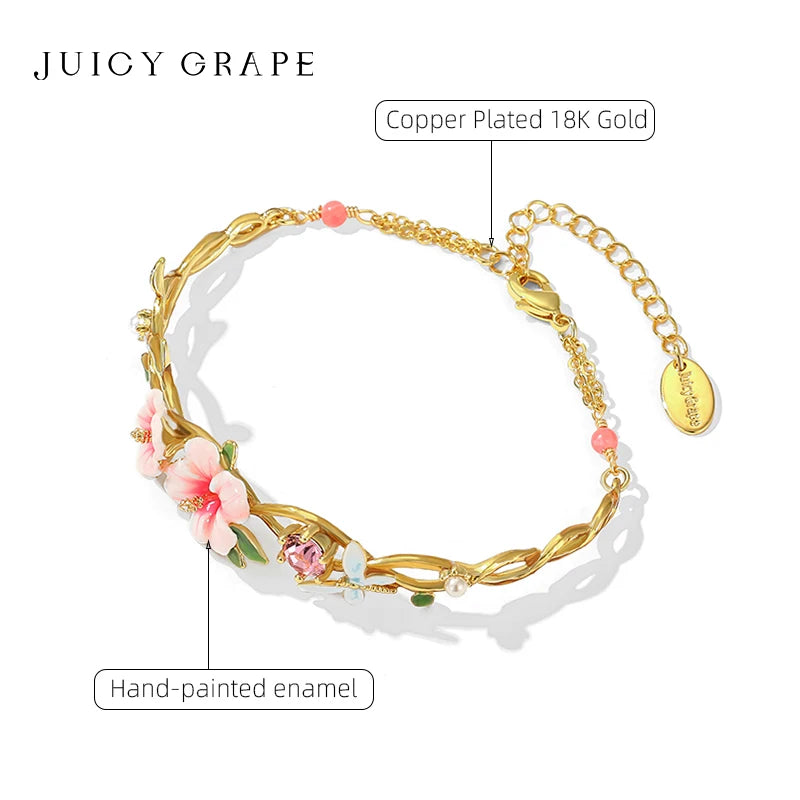 Juicy Grape 2023New Exquisite Floral Bracelet Hibiscus Dragonfly Bracelet 18K Gold Plated Enameled Craft Adjustable Chain Design