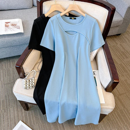 Plus-size women's summer casual dress front hollow design sexy party dress loose comfortable cotton bead fabric commuter dress