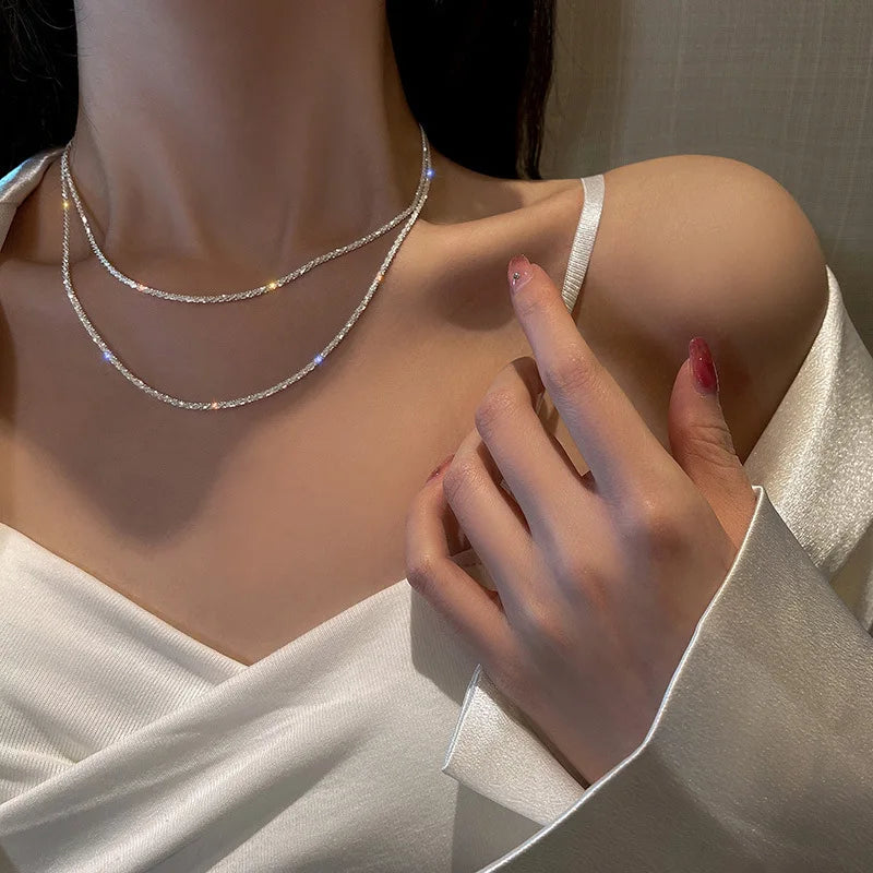 Popular Silver Colour Sparkling Clavicle Chain Choker Necklace Collar For Women Fine Jewelry Wedding Party Birthday Gifts 2023