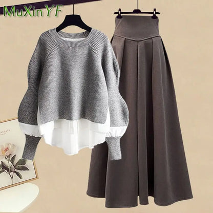 2023 Autumn/Winter New Korean Elegant Splice Fake Two Piece Knitted Sweater Dress Matching Set Women's Chic Pullover Skirt Set