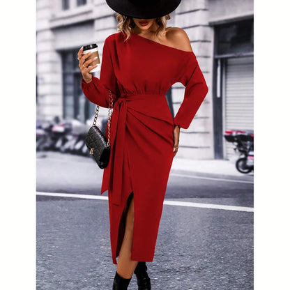 Mia Muse Women's Dresses All Season Elegant Plain Fold Asymmetrical Design Long Sleeve One-Shoulder MIDI Fashion Dresses