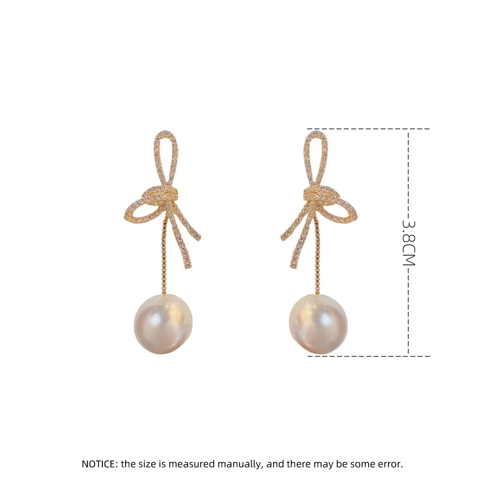 Elegant Micro Zircon Setting Bowknot Pearl Dangle Earring For Women Exquisite Advanced Design Young Girl Gold Color Jewelry N539