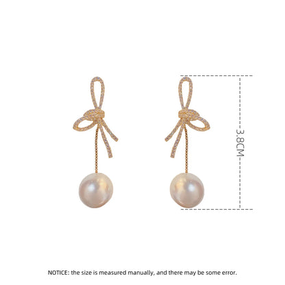 Elegant Micro Zircon Setting Bowknot Pearl Dangle Earring For Women Exquisite Advanced Design Young Girl Gold Color Jewelry N539