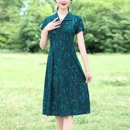 Women Long Dress Floral Printed V Neck Midi Dress for Middle-aged Women with Short Sleeves A-line Knee Length Spring Fall - Sri sampi