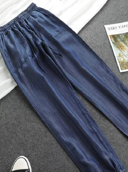 Women Pants Summer New 2023 LOOSE Lace-up Thin High Elastic Woman Jeans Oversize Trousers Soft Cool Female Casual Denim Pants - Sri sampi