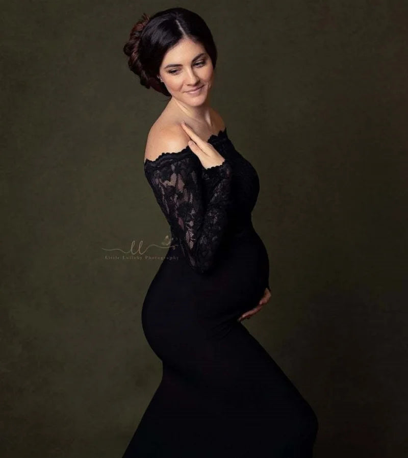 Maternity Elegant Fitted Photography Gown Long Sleeve Lace Slim Fit Maxi Photography Floor Baby Shower Grace Dress Photo Shoot