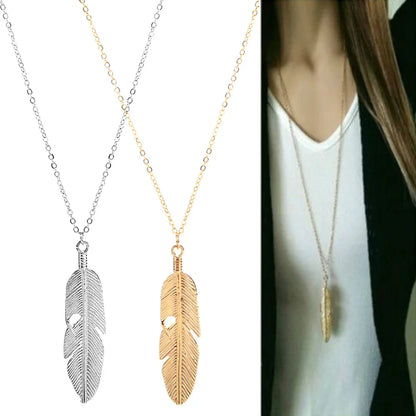 Fashion Simple Gold Color Meter Feather Pendant Necklace for Women Leaf Shaped Female Long Sweater Chain Girls Jewelry Gifts