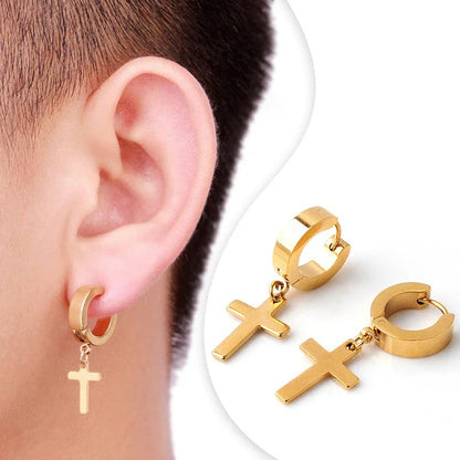 2pc Stainless Steel Men Cross Stars Punk Dangle Earrings Gothic Woman Cross Ear Hoop Earrings Huggies Pendant Piercing Jewelry - Sri sampi