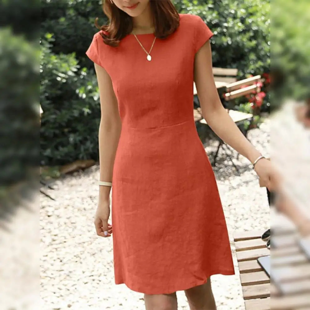 Commute Dress V-neck Back Zipper A-line Mini Dress for Women Short Sleeve Slim Fit Summer Dress with Above Knee Length Commute