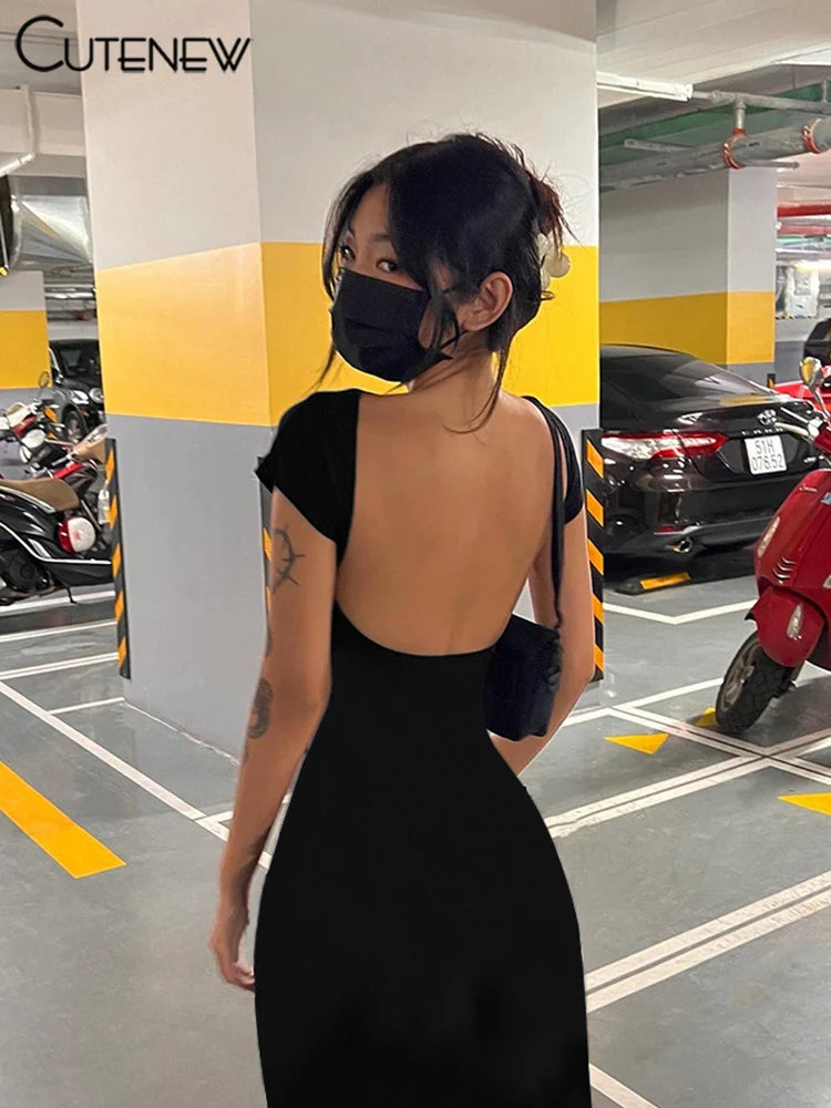 Cutenew Elegant Short Sleeve Bodycon Maxi Dress O-neck Solid Women's Backless Summer Sexy Streetwear Stretch Robe Lady Dresses