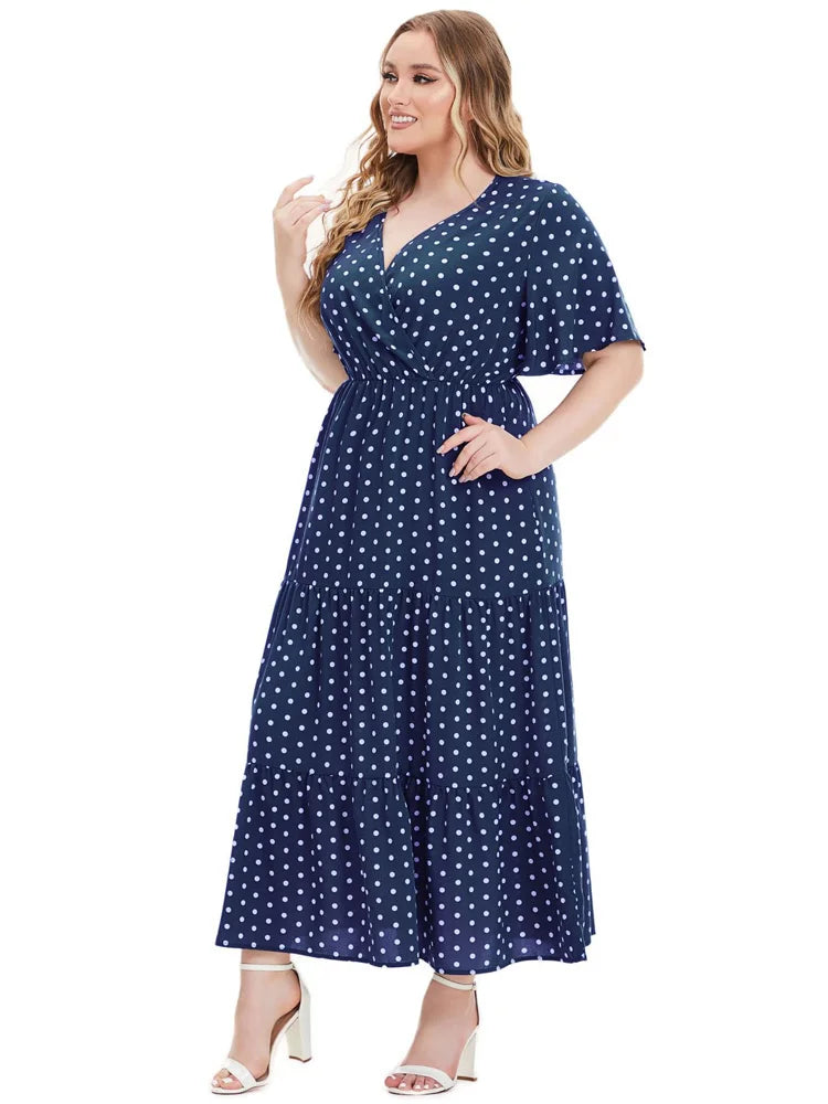 GIBSIE Plus Size Women's V Neck Polka Dot Short-sleeved Dress 2024 Vacation Beach Casual Ruffle Hem A-line Summer Maxi Dresses