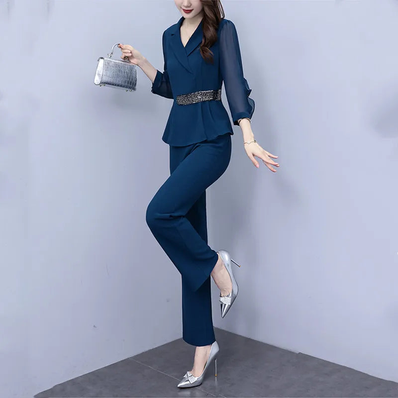 Fashion Oversize Women Pants Set For Spring Autumn 2023 New Elegant Slim Solid Turn Collar Office Lady 2 Pieces Outfits Pantsuit