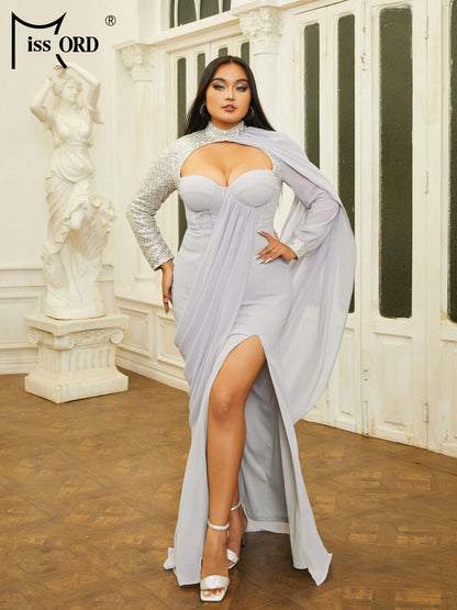 Missord Light Purple Chiffon Plus Size Evening Dresses Elegant Women Turtleneck Long Sleeve Cutout Thigh Split Party Prom Dress