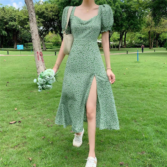 Women's Boho Beach Sundress Summer Vintage Casual Floral Printed Dress Elegant Loose V Neck Short Sleeve Side Split Dress