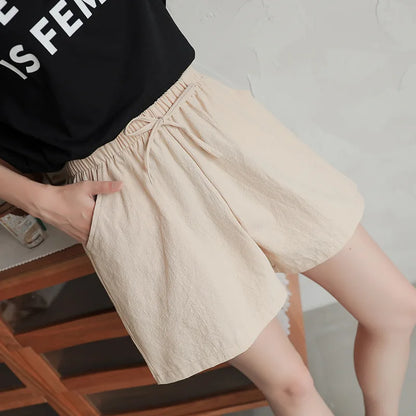 Women Shorts Spring Summer 2023 Loose Linen Cotton Solid Casual Korean Wide Leg Pant Drawstring Elastic Waist Bikers Shorts