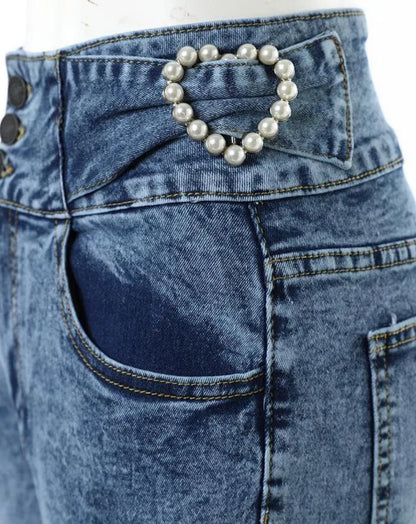 Pearls Decor Buttoned High Waist Skinny Jeans Women New 2023 Summer Spring Slim Ankle Length Pencil Pants Denim Jeans