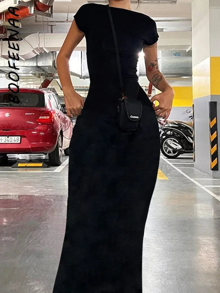 BOOFEENAA Short Sleeve Backless Long Dresses Sexy Outfits for Women Clothes Basics Casual Bodycon Grey Black Dress C71-BH23