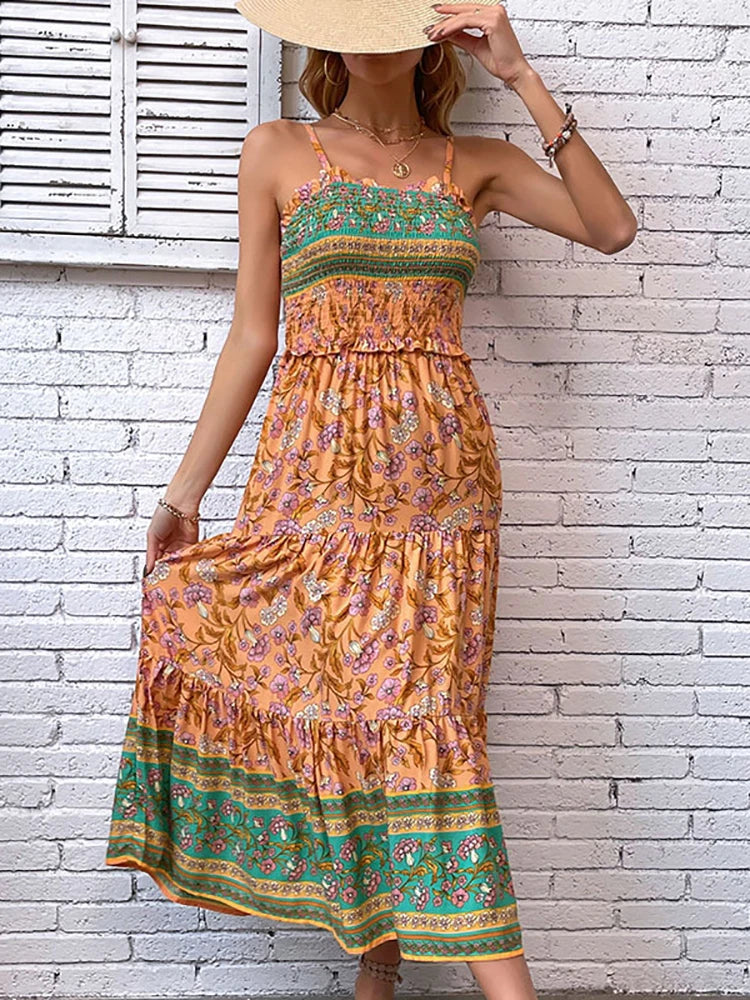 Sexy Long Dresses For Women Fashion Backless Ruffle Boho Beach Slip Dress Summer Floral New In Dresses Women Clothing 2024