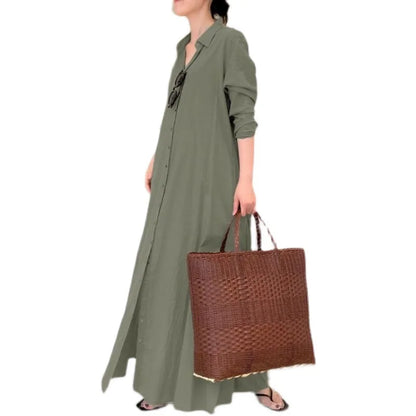 Cotton Linen Pocket Maxi Dress for Women Blouses Streetwear Loose Casual Long