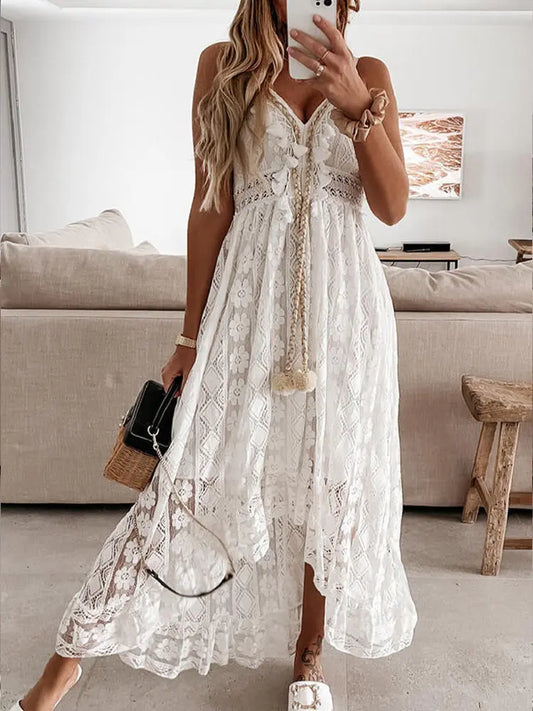 Boho Dress Women Summer Maxi Dress Lady Off Shoulder Holiday Lace V Neck Spaghetti Strap Sundress White Dress Vestidos De Mujer