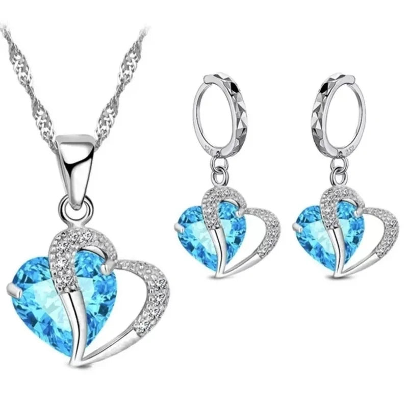 Luxury Women 925 Sterling Silver Cubic Zircon Necklace Pendant Earrings Sets Cartilage Piercing Jewelry Wedding Heart Design