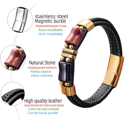 Geometric Shape Red Blue Gold Color Tiger Eye Bracelets & Bangles Woven Leather Rope Stainless Steel Men's Handmade Jewelry