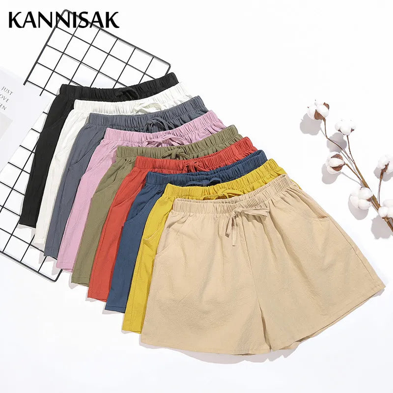 Women Shorts Spring Summer 2023 Loose Linen Cotton Solid Casual Korean Wide Leg Pant Drawstring Elastic Waist Bikers Shorts