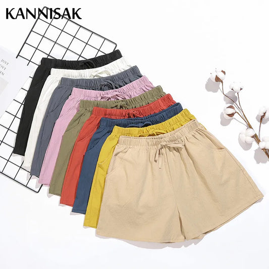 Women Shorts Spring Summer 2023 Loose Linen Cotton Solid Casual Korean Wide Leg Pant Drawstring Elastic Waist Bikers Shorts