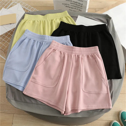 Shorts Women Summer All Match Elastic Waist Loose Solid Casual Korean Style Fashion Soft Streetwear Female Pocket Short Trousers