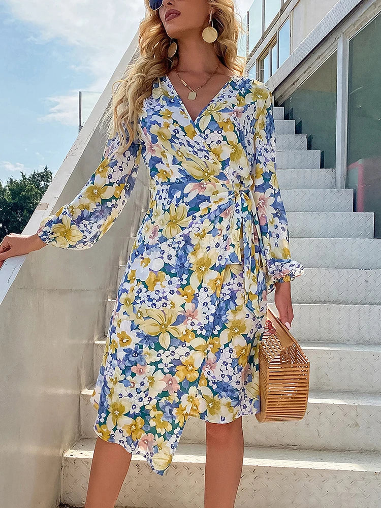 Women's Spring Summer Dress for Women 2023 Long Sleeve Floral Print Casual Midi Sun Dresses