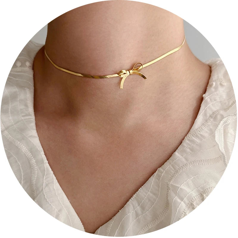 Minimalist Knot Bow Choker Necklace for Women 18k Gold Plated Stainless Steel Tiny Snake Chain Necklaces Wedding Jewelry Gift